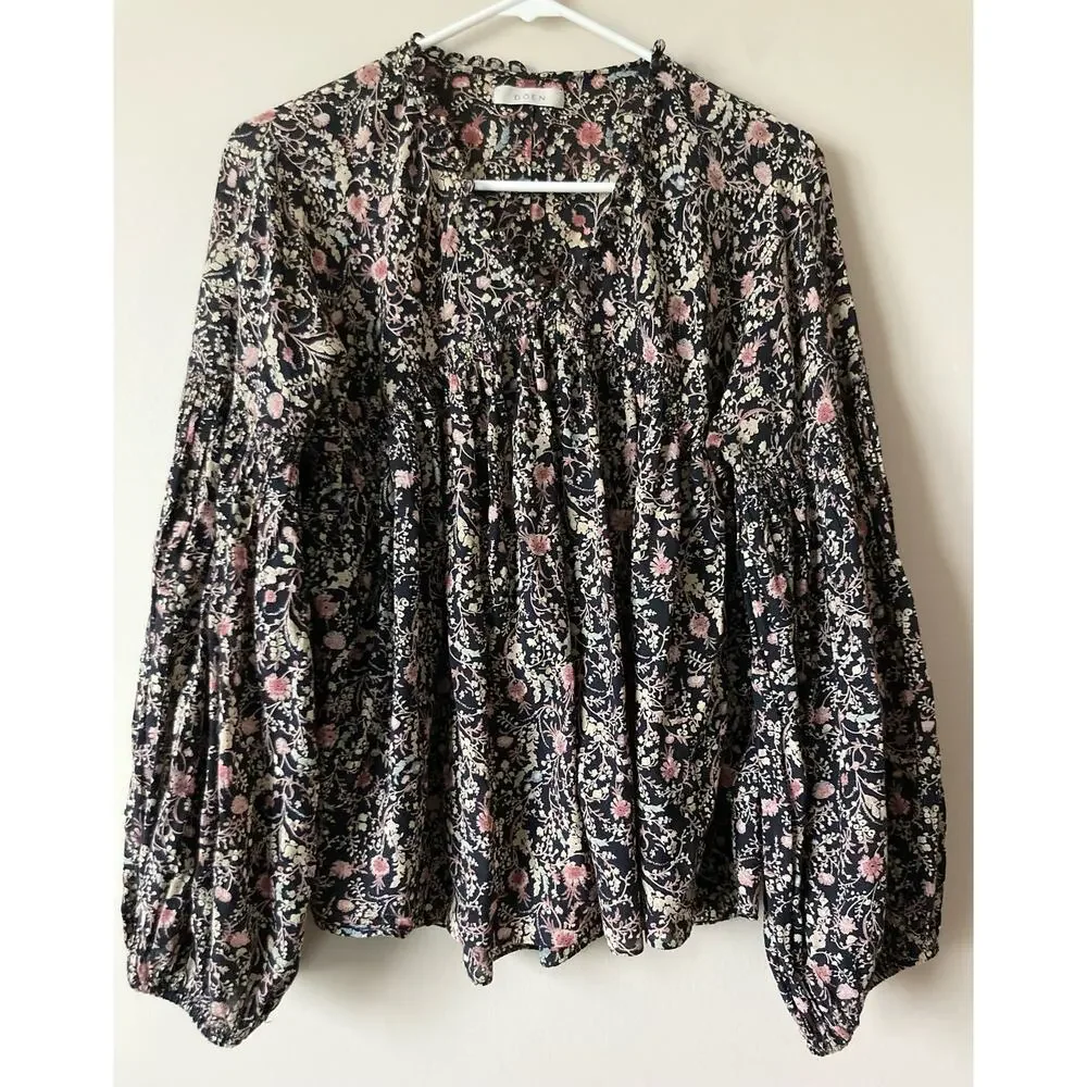 DOEN Thistle Top in Black Multi Floral Print M Boho - Picture 4 of 10